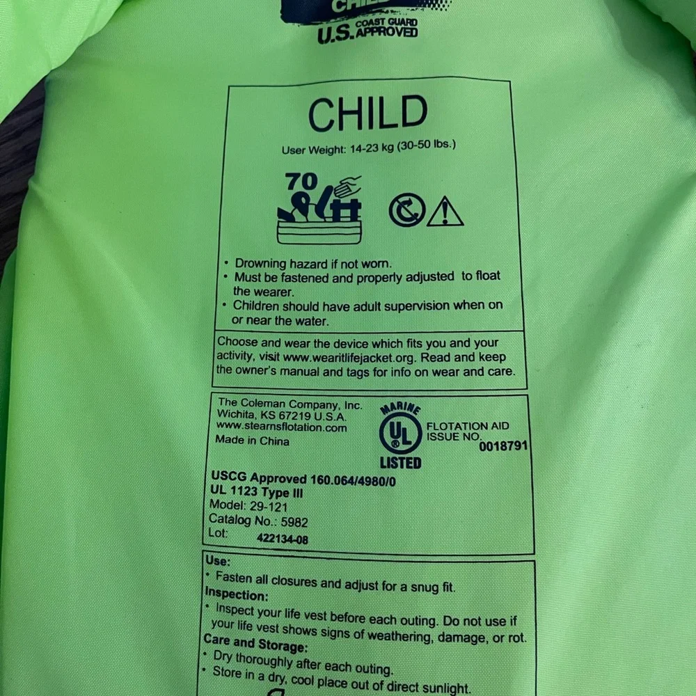 Puddle Jumper Kids Life Jacket - Blue and Green Brand- Stearns  great shape! - Picture 4 of 4